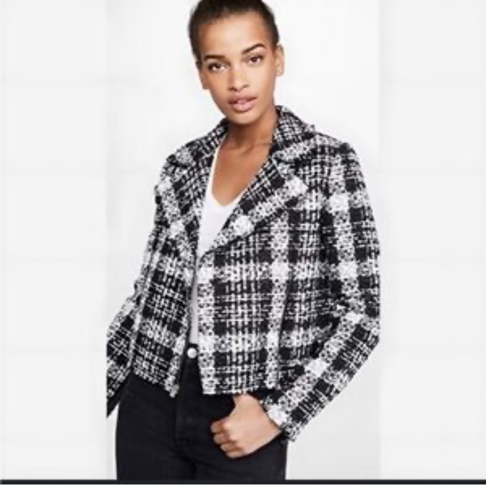 Theory Slim Crop Moto Jacket Black White Rubber Plaid Tweed size 14